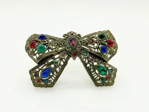 Vintage Detailed Rhinestone Bow Brooch with Colorful Stones