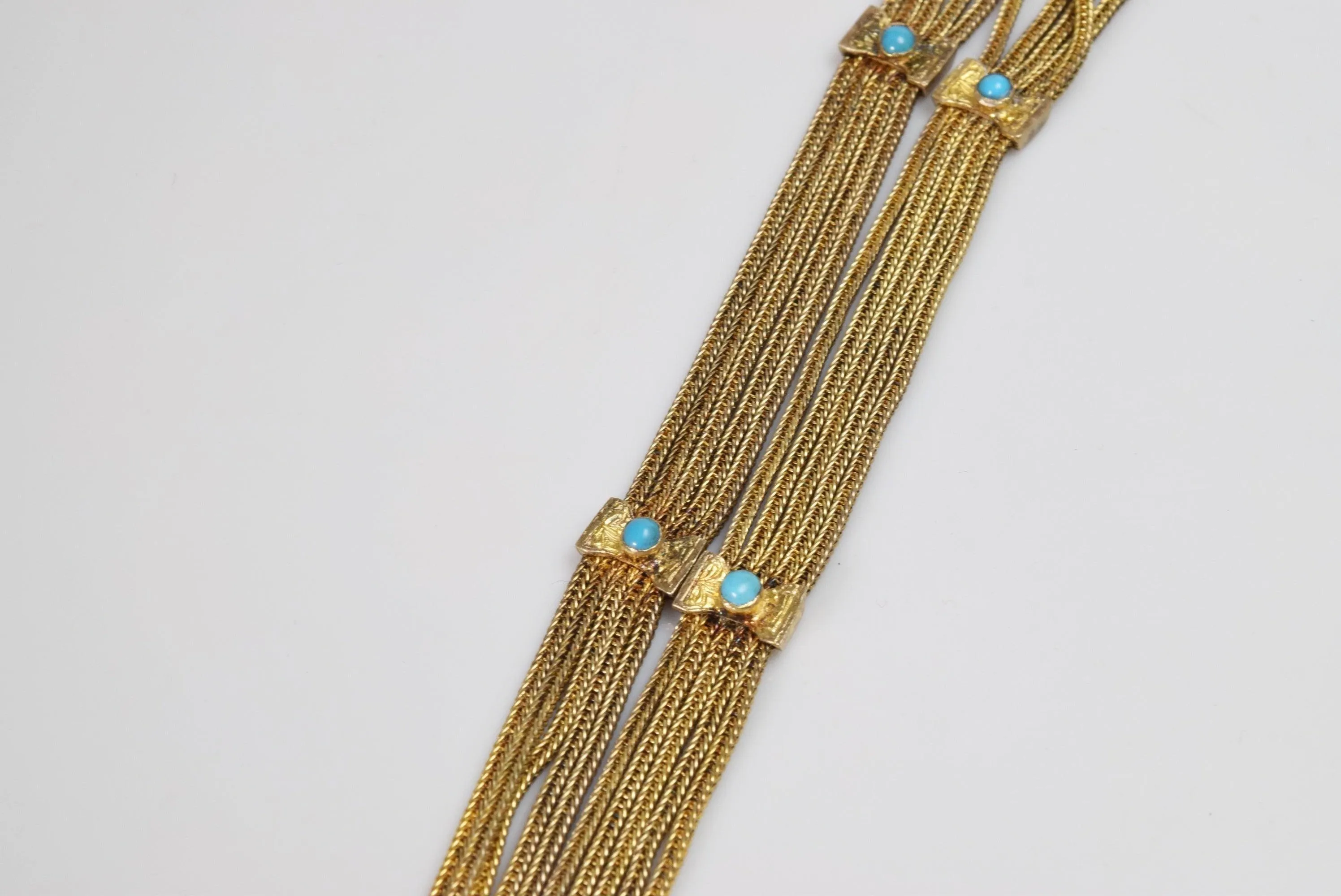 Vintage Turkish Sterling Gold Plated Silver and Turquoise Long Tassel Necklace