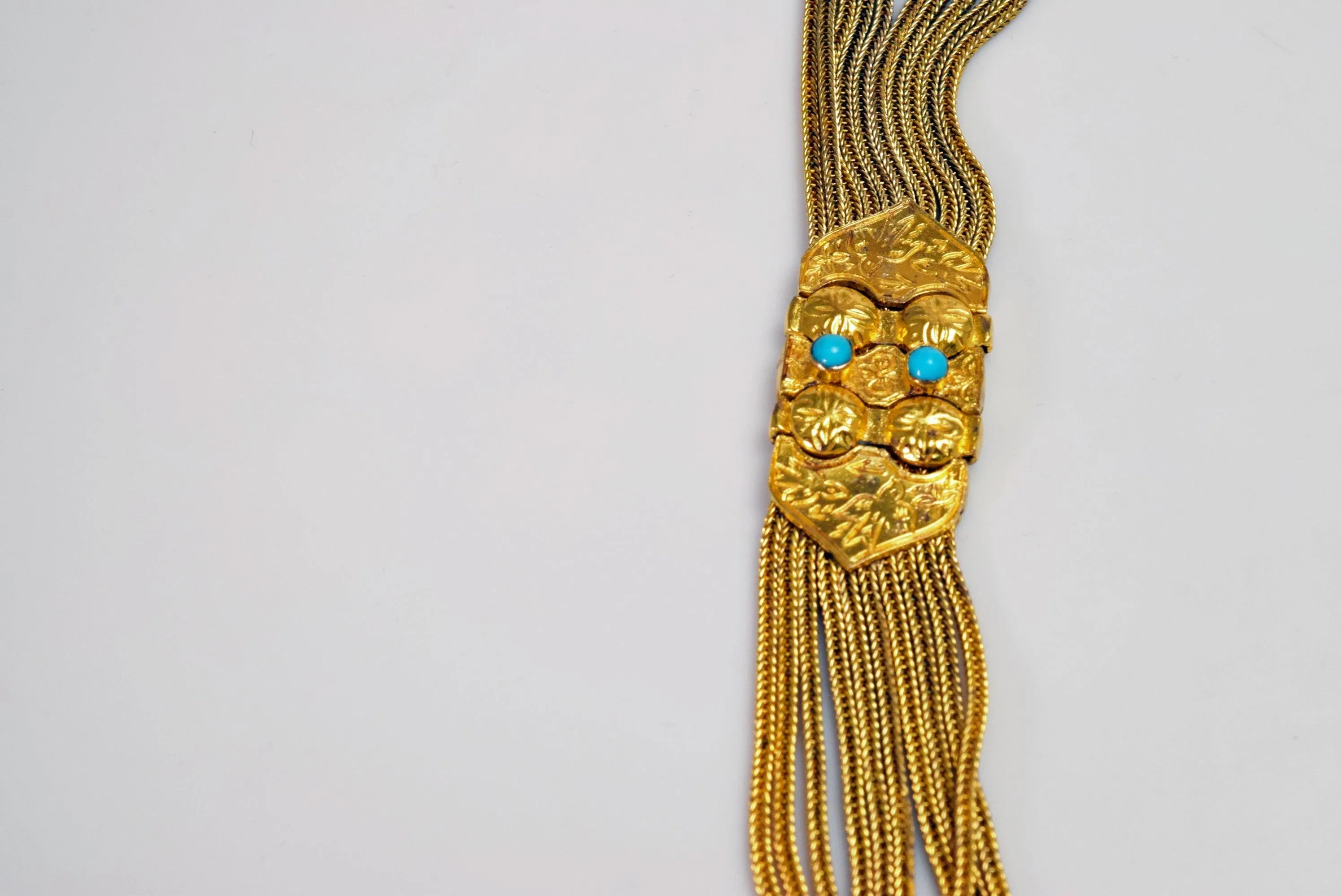 Vintage Turkish Sterling Gold Plated Silver and Turquoise Long Tassel Necklace