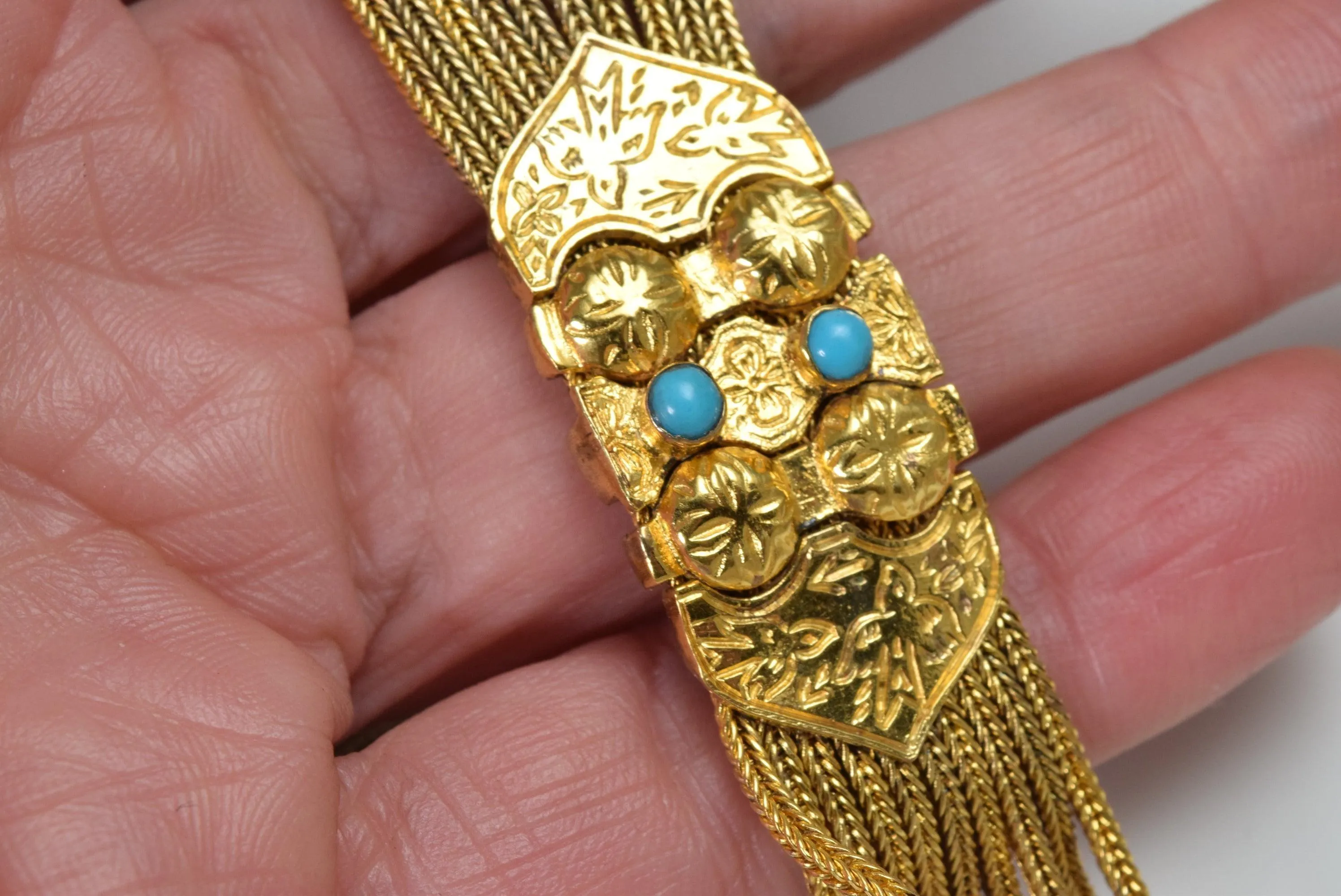 Vintage Turkish Sterling Gold Plated Silver and Turquoise Long Tassel Necklace