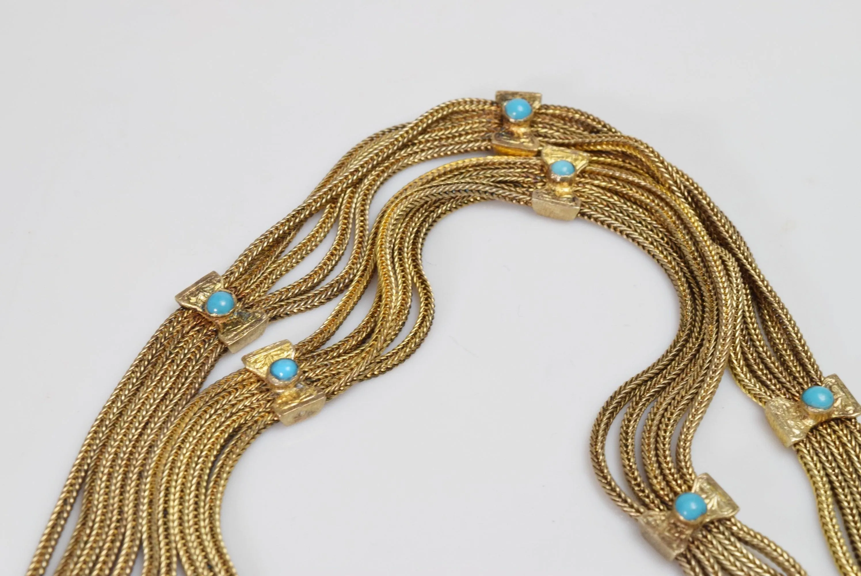 Vintage Turkish Sterling Gold Plated Silver and Turquoise Long Tassel Necklace