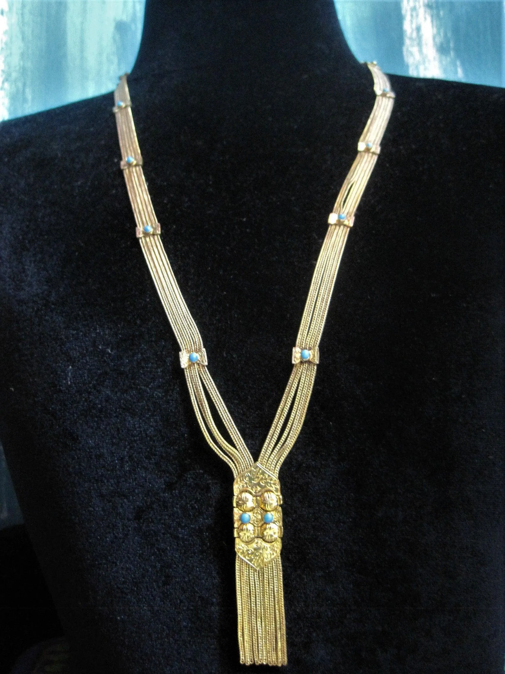 Vintage Turkish Sterling Gold Plated Silver and Turquoise Long Tassel Necklace