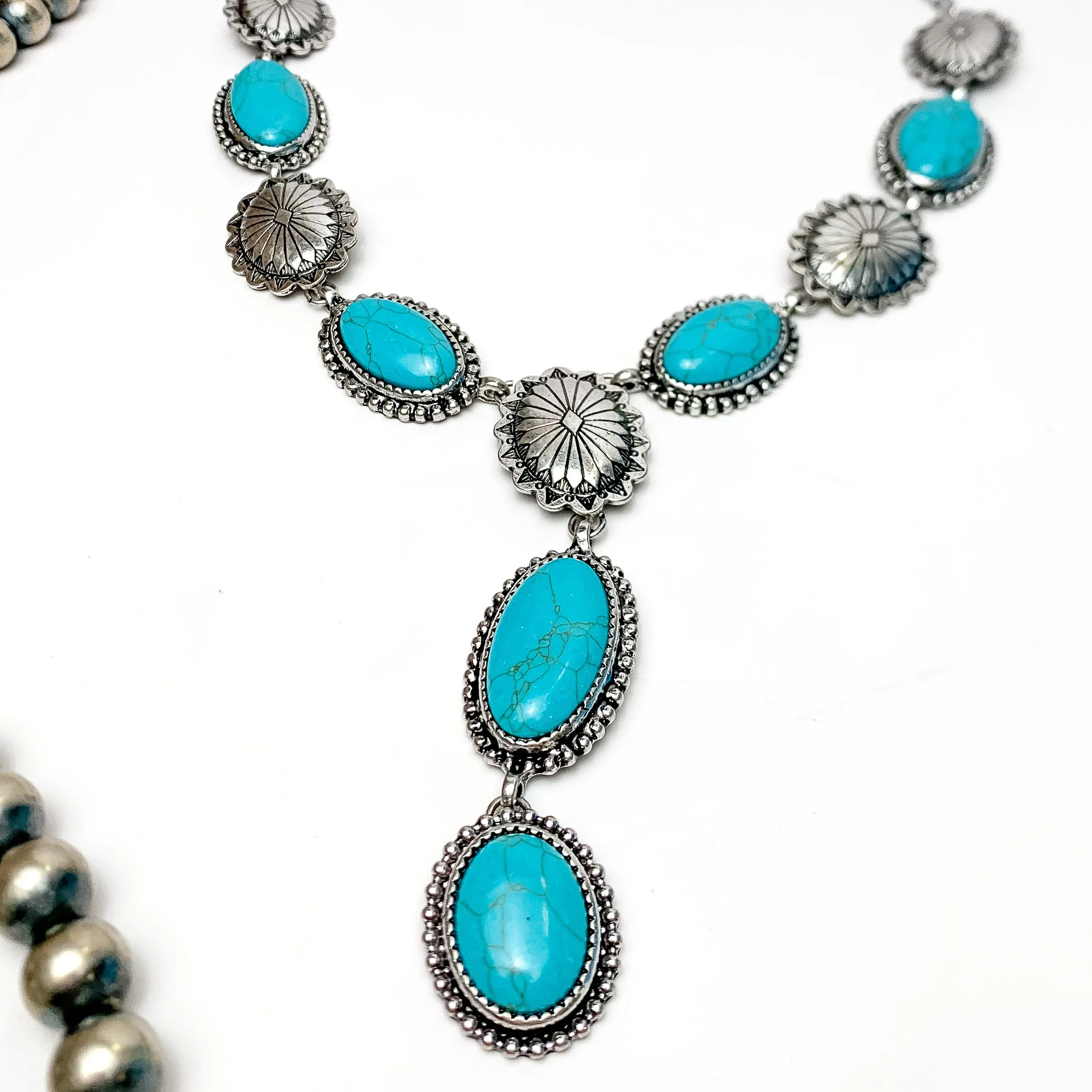 Western Oval Turquoise and Silver Tone Y Necklace