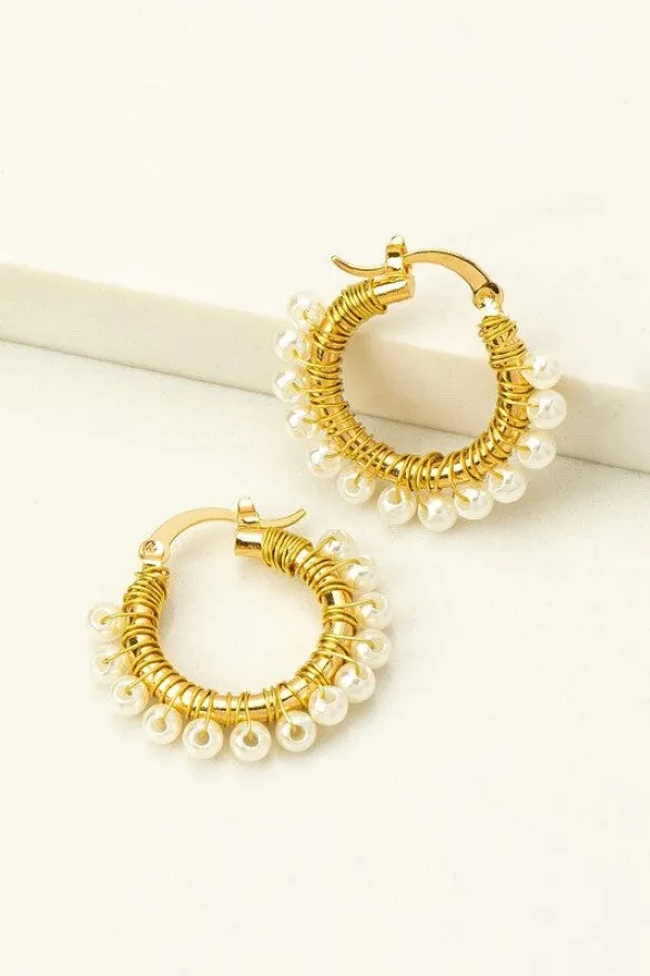 Wire Wrapped Pearl Brass Hoop Earrings