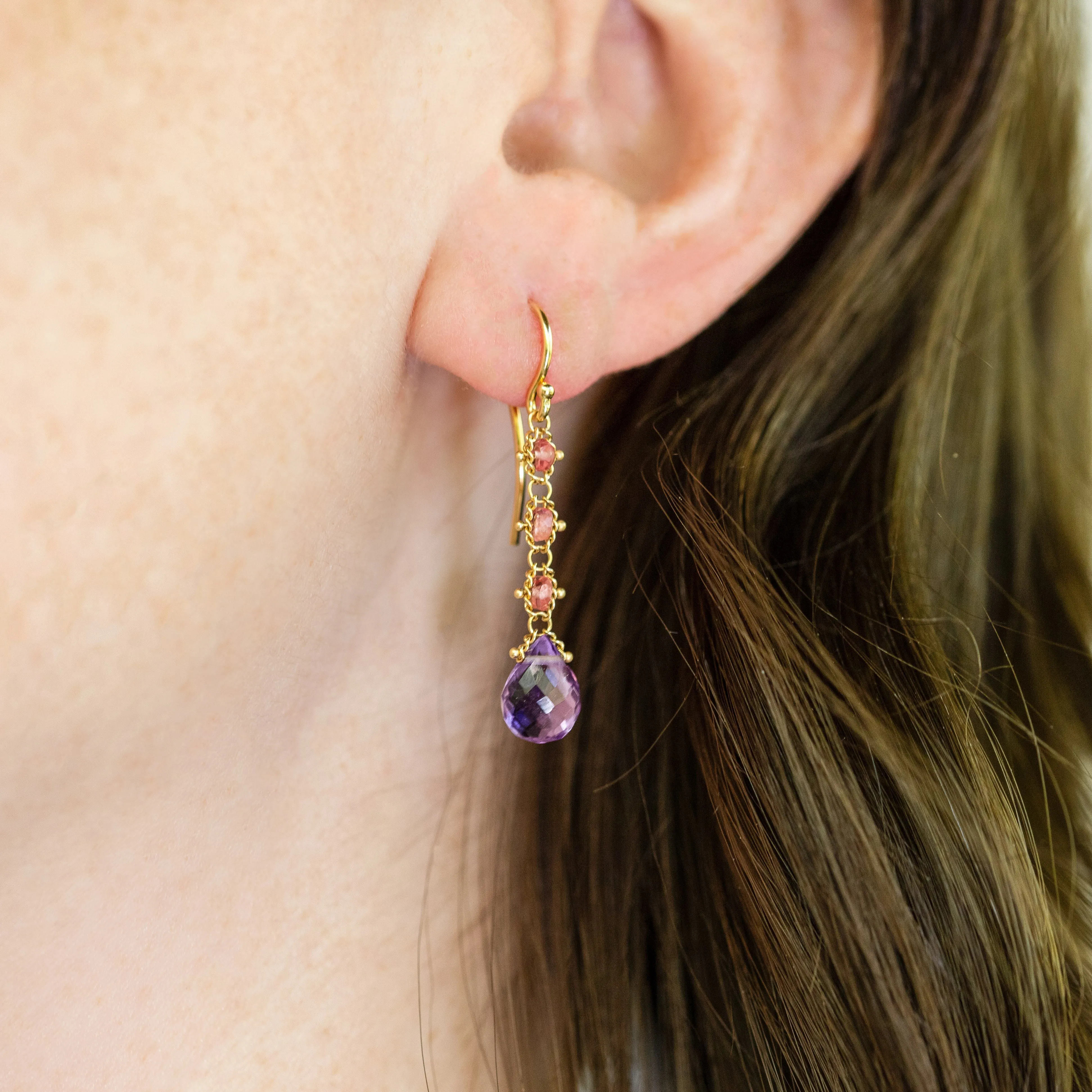 Woven Amethyst and Spinel Drop Earrings