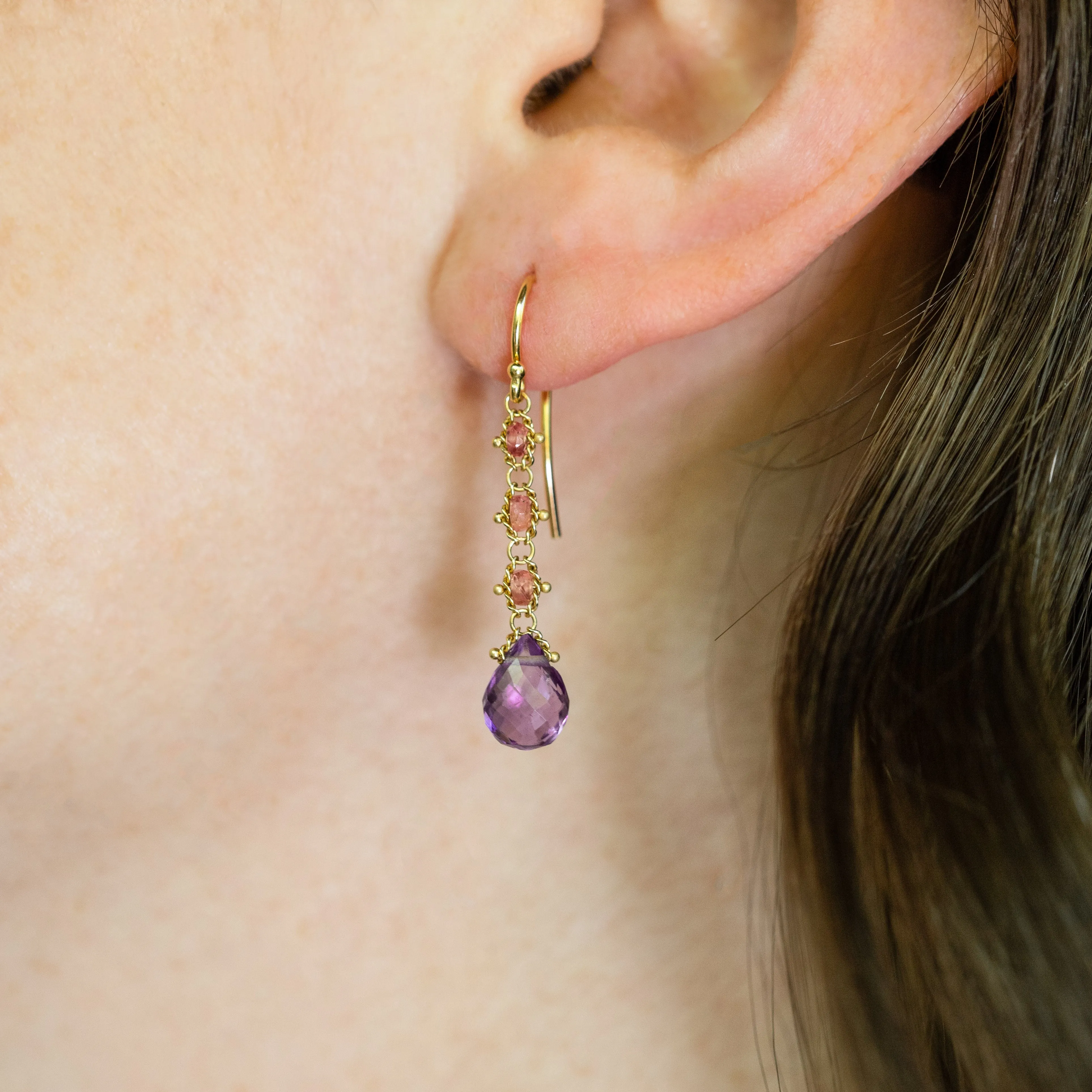Woven Amethyst and Spinel Drop Earrings